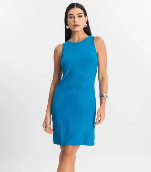 Vestido Curto Em Ribana Canelada Rovitex Azul