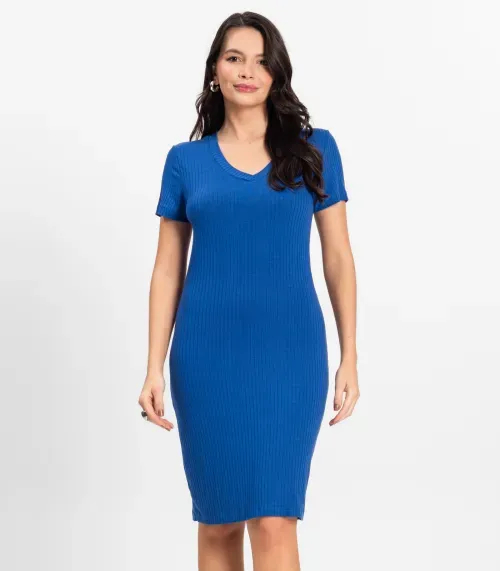 Vestido Feminino Em Ribana Canelada Rovitex Azul