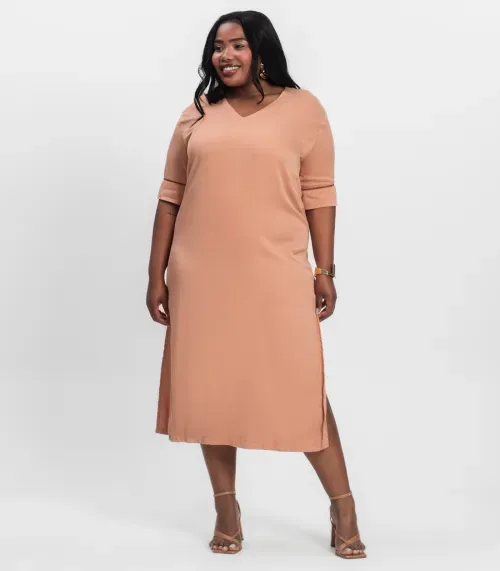 Vestido Manga Curta em Viscose Secret Glam Marrom