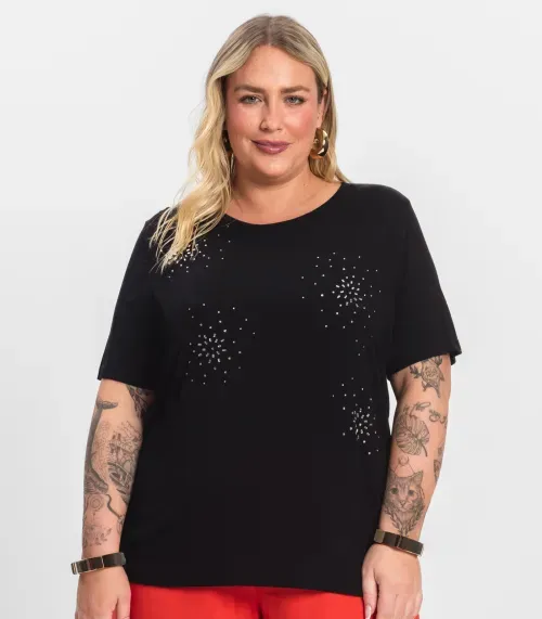 Blusa Manga Curta em Viscotorcion Secret Glam Preto