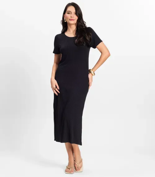Vestido Midi Ribana Canelada Básico Rovitex Preto