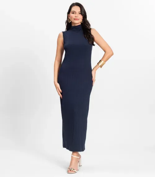 Vestido Midi Ribana Canelada Rovitex Azul