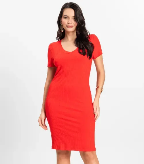 Vestido Feminino Em Ribana Canelada Rovitex Laranja