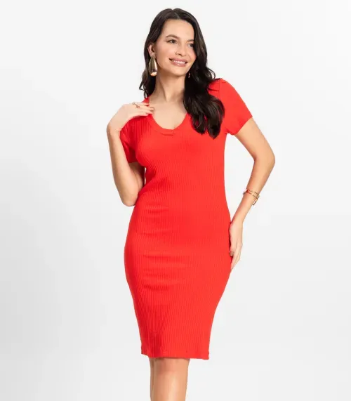 Vestido Feminino Em Ribana Canelada Rovitex Laranja