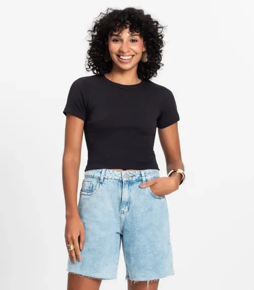 Blusa Cropped Ribana Básica Rovitex Branco