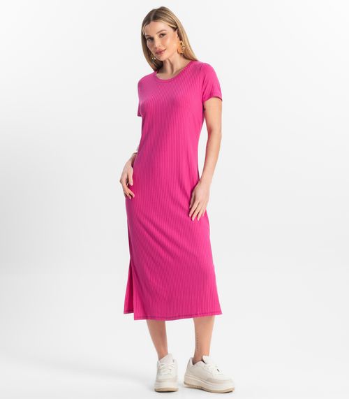 Vestido Midi Ribana Canelada Básico Rovitex Rosa