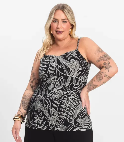 Blusa de Alça Plus Size Feminina Secret Glam Preto