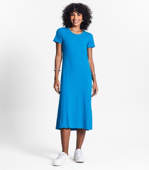 Vestido Midi Ribana Canelada Básico Rovitex Azul