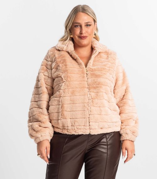 Jaqueta Feminina Plus Size Com Pelo Secret Glam Rosa