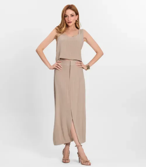 Saia Midi Feminina Em Linho Fio Tinto Endless Marrom