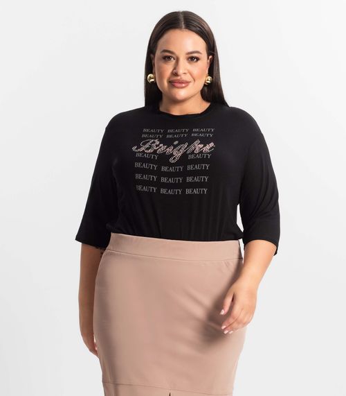 Blusa Feminina Plus Size Manga 3/4 Secret Glam Preto