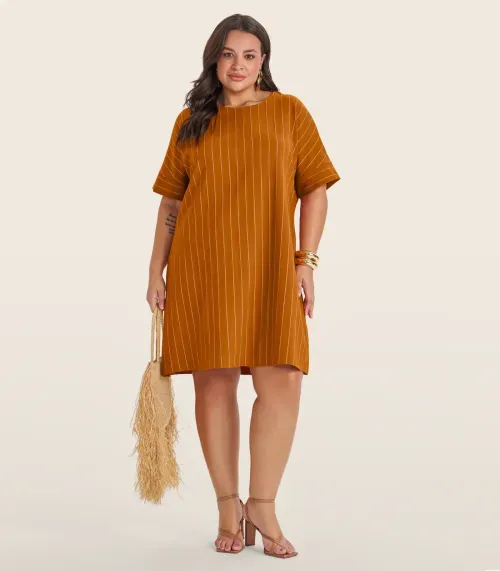 Vestido Plus Size em Visco Listras Secret Glam Marrom