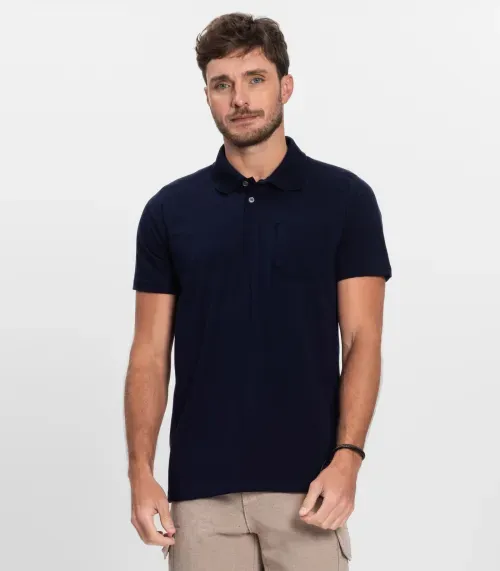 Polo Masculina Com Bolso Cotton Leve Diametro Azul