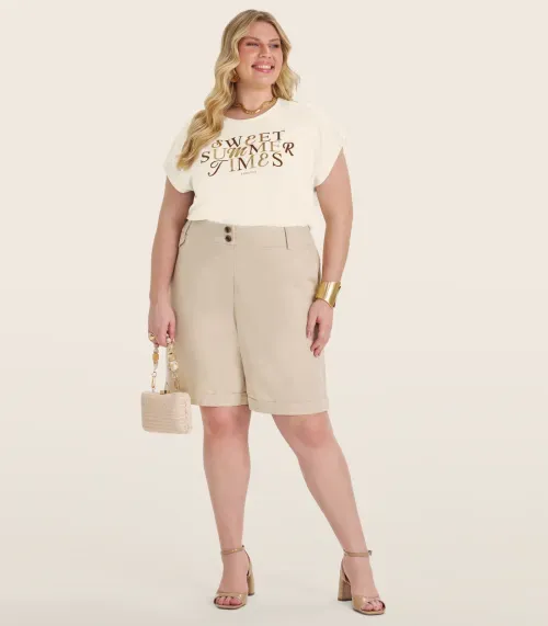 Camiseta Feminina Plus Size Secret Glam Bege