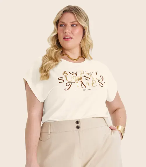 Camiseta Feminina Plus Size Secret Glam Bege