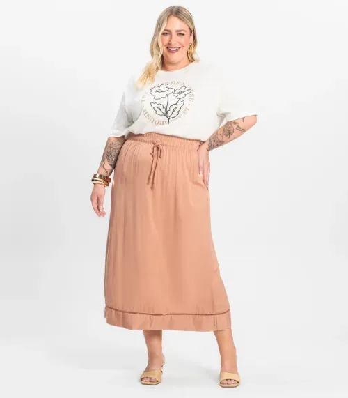 Saia Midi Plus Size em Viscose Secret Glam Marrom