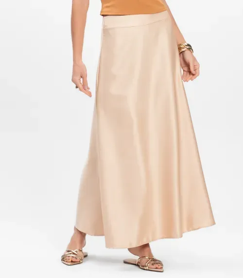Saia Midi Feminina Fluida Toque Acetinado Select Bege