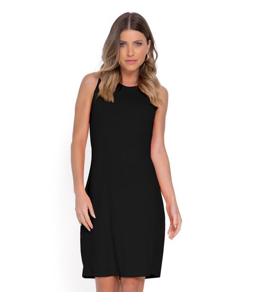 Vestido Curto Em Ribana Canelada Rovitex Preto