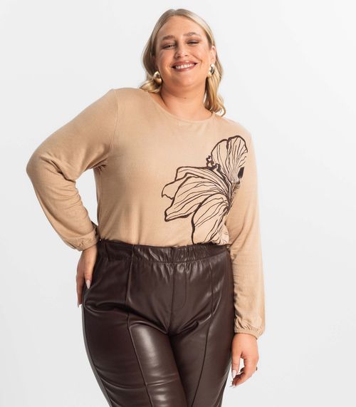 Blusa Feminina Plus Size Manga 7/8 Secret Glam Marrom