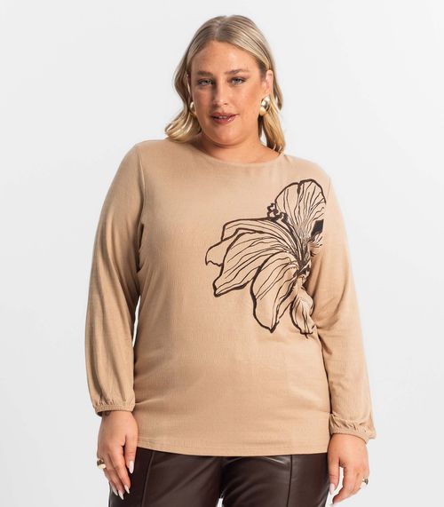 Blusa Feminina Plus Size Manga 7/8 Secret Glam Marrom