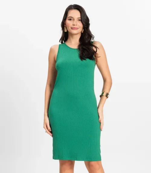 Vestido Curto Em Ribana Canelada Rovitex Verde