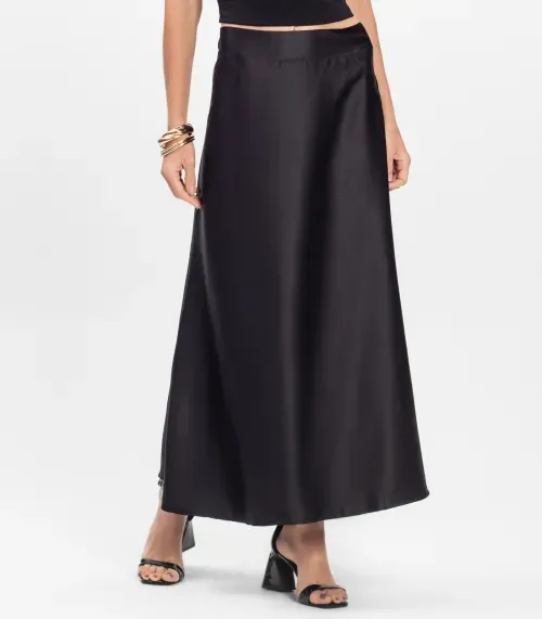 Saia Midi Feminina Fluida Toque Acetinado Select Preto