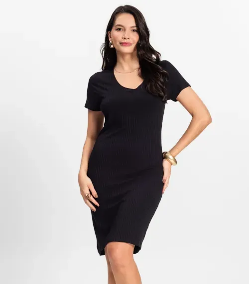 Vestido Feminino Em Ribana Canelada Rovitex Preto