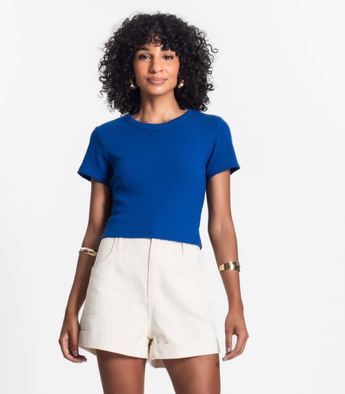 Blusa Cropped Ribana Básica Rovitex Azul