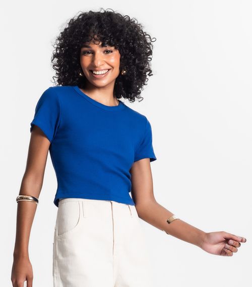 Blusa Cropped Ribana Básica Rovitex Azul