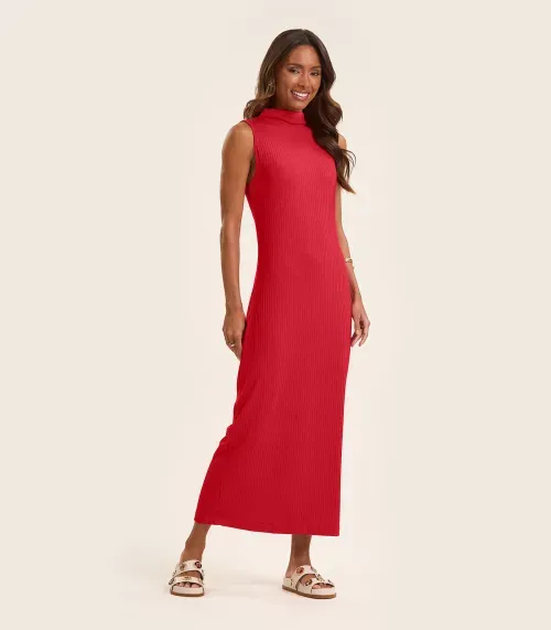Vestido Midi Ribana Canelada Rovitex Vermelho