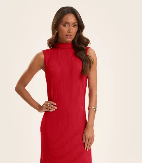 Vestido Midi Ribana Canelada Rovitex Vermelho