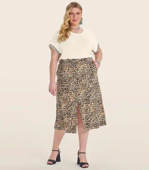 Saia Midi Plus Size em Viscotorcion Secret Glam Bege