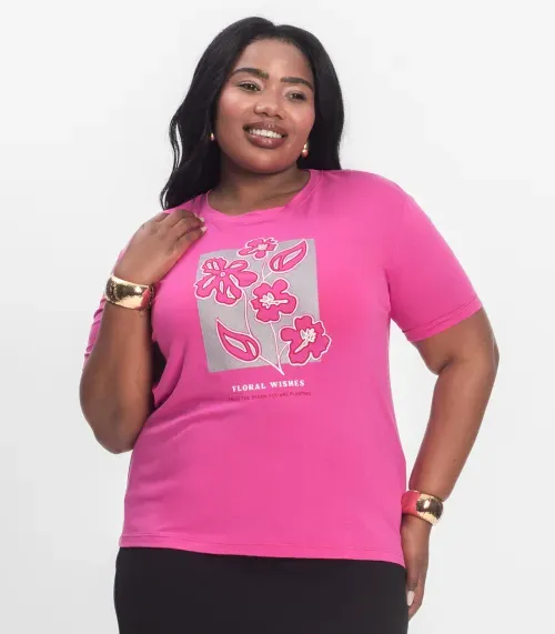 Camisa Manga Curta Plus Size Secret Glam Rosa