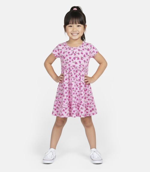 Vestido Infantil Manga Curta Estampado Biju Kids Rosa