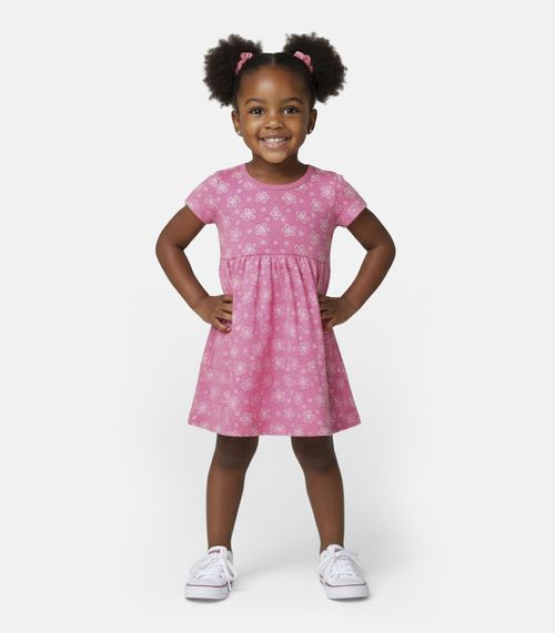 Vestido Infantil Manga Curta Estampado Biju Kids Rosa