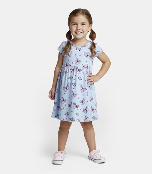 Vestido Infantil Manga Curta Estampado Biju Kids Azul