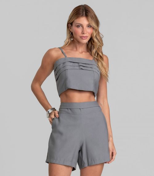 Shorts Feminino Cós Alto Em Alfaiataria Dianna Cinza