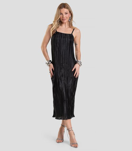 Vestido Midi Feminino Plissado De Alça Dianna Preto