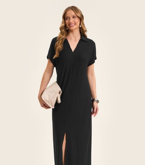 Vestido Midi em Visco Creponada Rovitex Preto