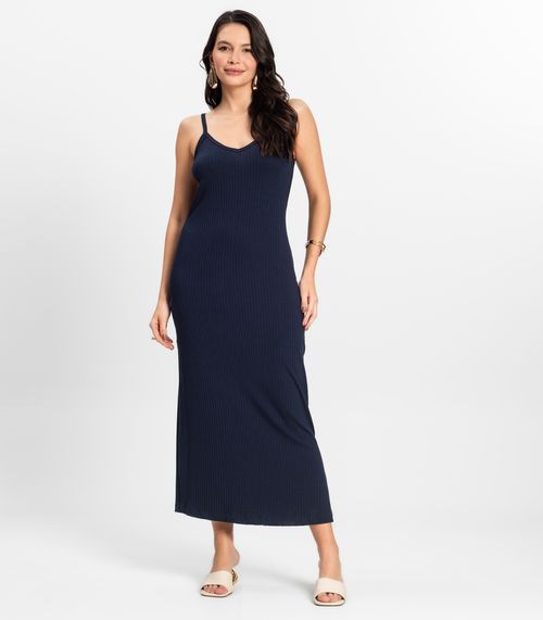 Vestido Midi em Ribana Canelada Rovitex Azul