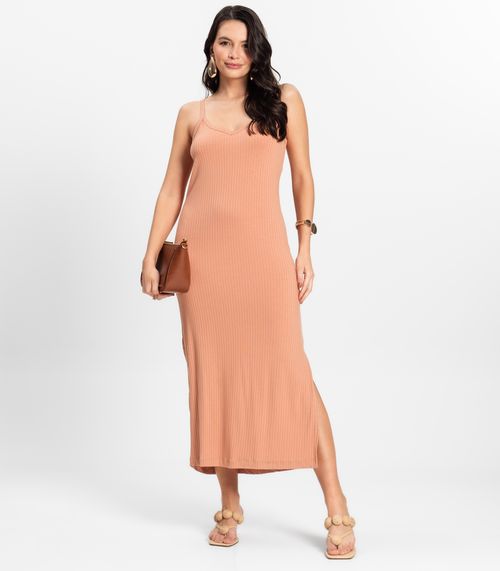 Vestido Midi em Ribana Canelada Rovitex Marrom
