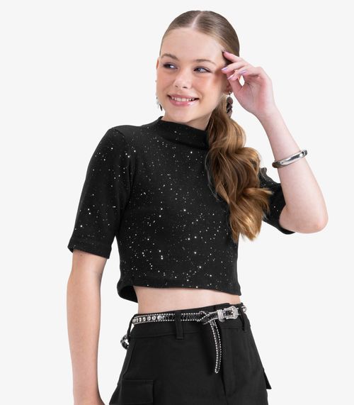 Blusa Juvenil Feminina Manga Curta em Ribana Minty Preto