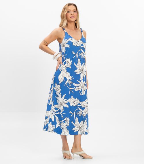 Vestido Super Midi Feminino Visco Maquinetada Azul