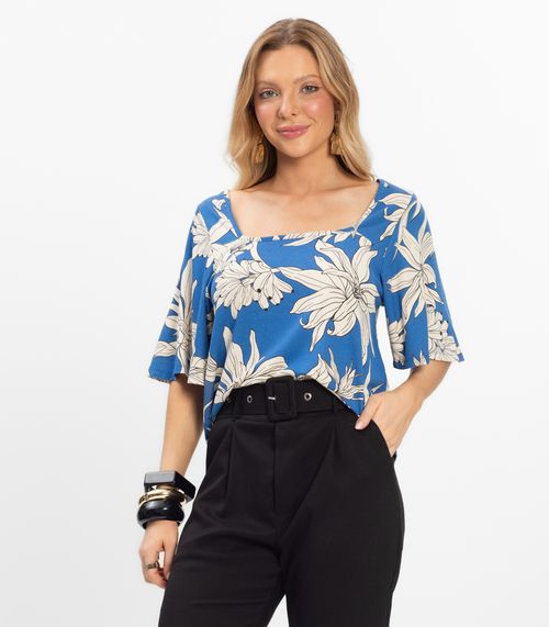 Blusa Cropped Feminina Visco Maquinetada Rovitex Azul