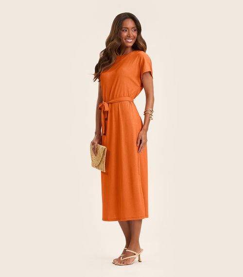 Vestido Midi Em Ribana Canelada Lurex Rovitex Laranja