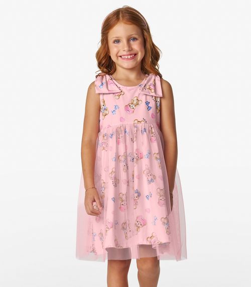 Vestido em Cotton Leve e Tule Trick Nick Rosa