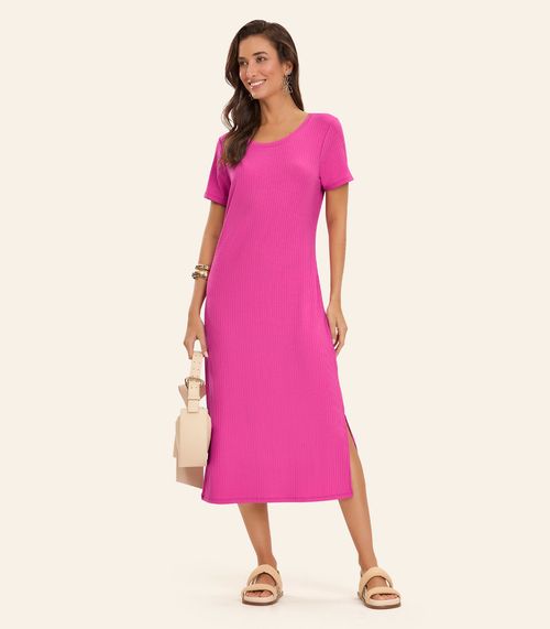 Vestido Midi Ribana Canelada Básico Rovitex Rosa