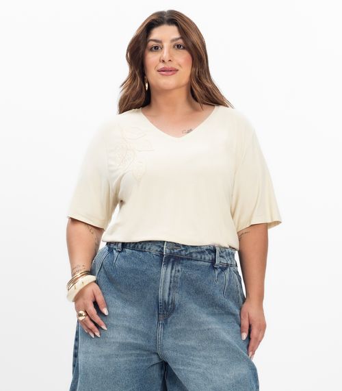 Blusa Manga Curta Feminina Plus Size Secret Glam Bege