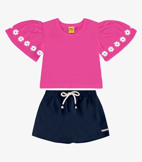 Conjunto com Shorts Saia Meia Malha Rovi Kids Rosa