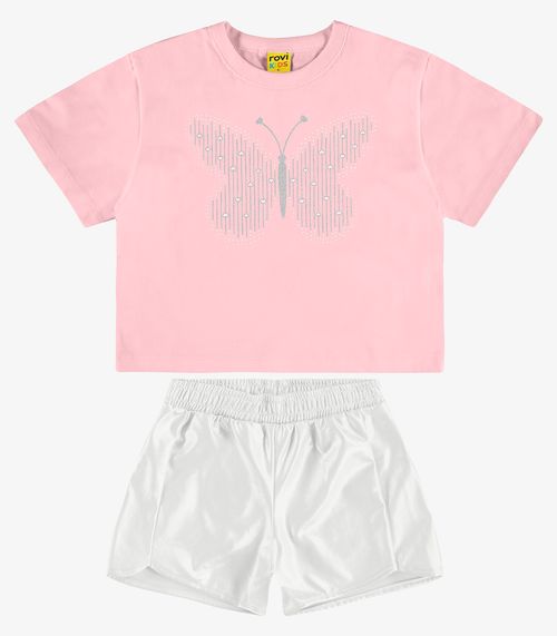 Conjunto Blusa com Shorts Cotton e Malha Rovi Kids Rosa